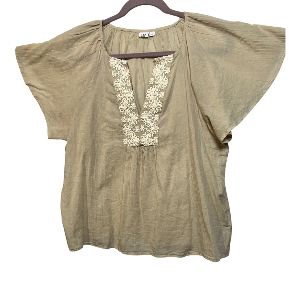 GAP Womens Beige Cotton Gauze Floral Embroidered V-Neck Flutter Sleeve Top L